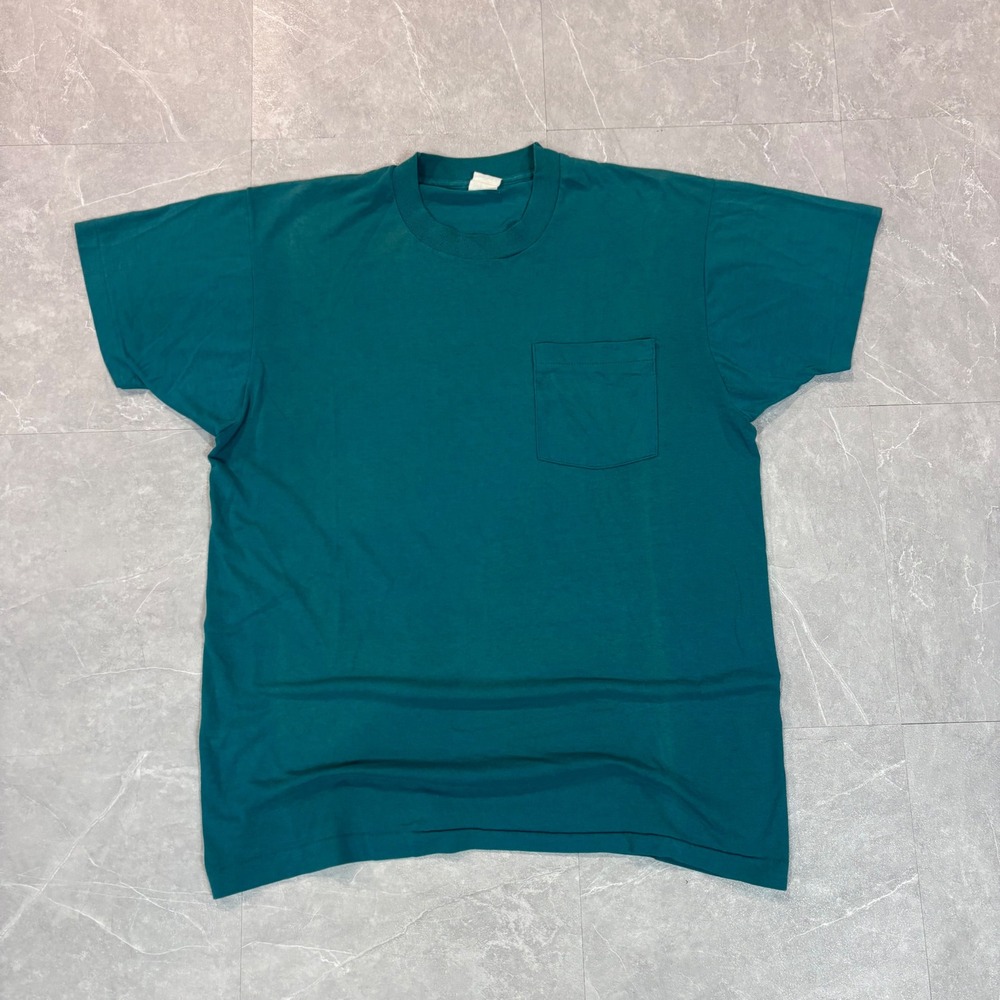 Vintage‎ Single Stitch Pocket T-Shirt Mens XL Teal Green Blank Short Sleeve Tee